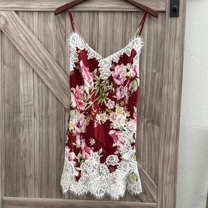 Marjolaine Floral Lace Trim Slip Dress - Burgundy Pink Green